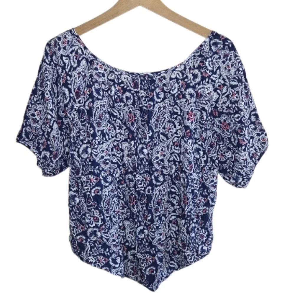 Abercrombie & Fitch | Navy White Pink Print Boho Puff Sleeve Top Round Hem